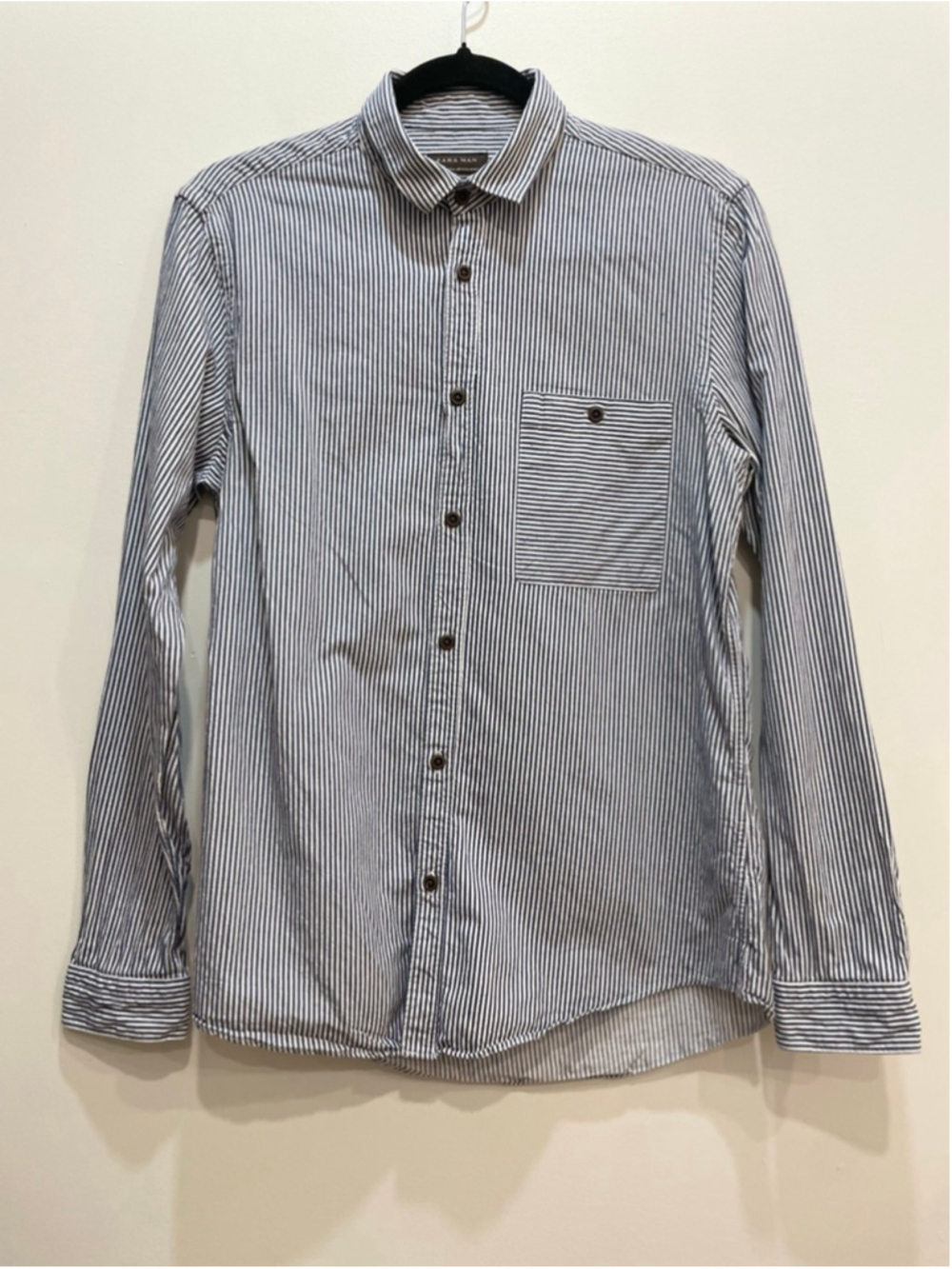 Zara Man Striped Cotton Casual Button Down Shirt M Slim Blue White Coastal